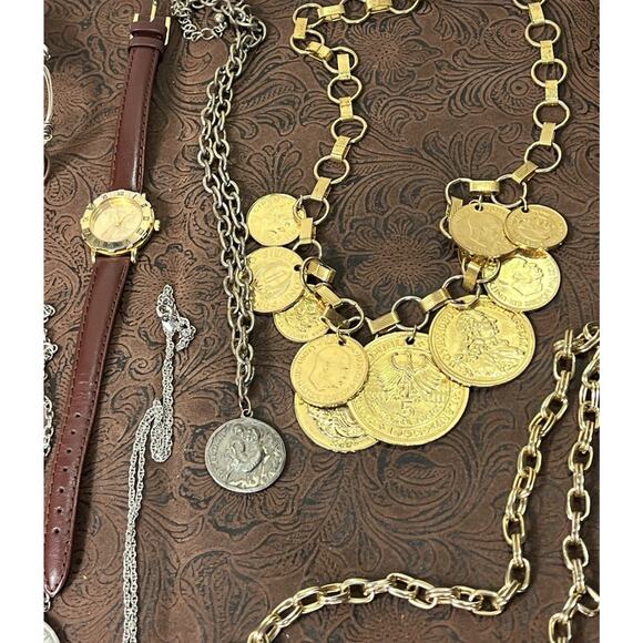 Large Mixed Metals Coin Jewelry Lot 22 Necklaces Bracelets Pendants Watch Coins - Picture 5 of 15